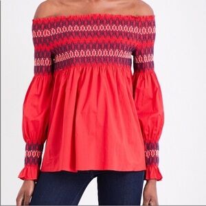Maje Off-Shoulder Smocked Red Top
